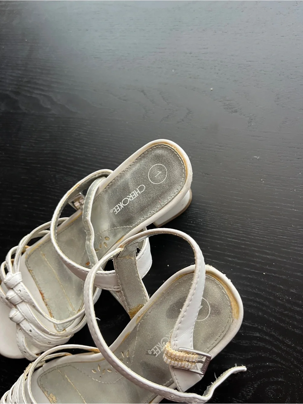 Cherokee White Faux Leather Strappy Block Heel Sandals Size 1 Rhinestone Girls